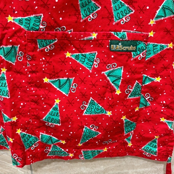 Christmas Holiday Scrub Top Red with Green Trees - Picture 3 of 4